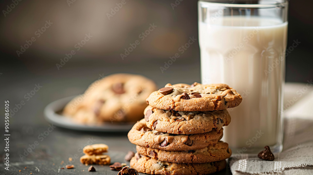 Stack of chocolate chip cookies with a glass of milk