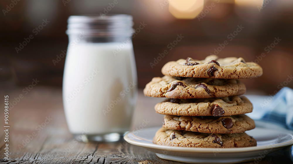 Stack of chocolate chip cookies with a glass of milk Stack of chocolate chip cookies with a glass of milk