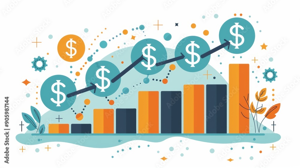 Fototapeta premium Cartoon vector financial growth chart with dollar symbols