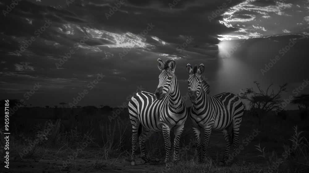 Fototapeta premium Two zebras stand in tall grass against a dramatic, stormy sky.