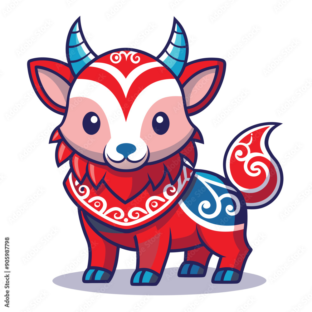 Cartoon Red and Blue Decorated Animal with Horns Cartoon Red and Blue Decorated Animal with Horns