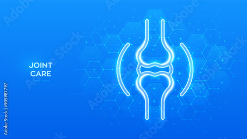 Joint icon. Joint health. Joint pain, inflammation, damage, arthritis treatment. Physiotherapy, Diagnostics concept. Molecular structure. Blue medical background with hexagons. Vector illustration.