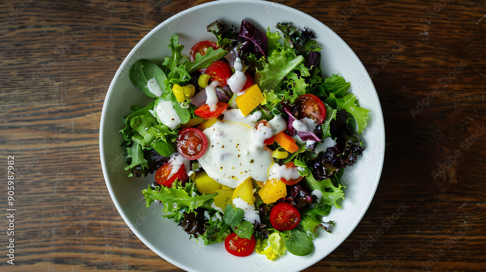Top view of a colorful mixed salad with dressing Top view of a colorful mixed salad with dressing