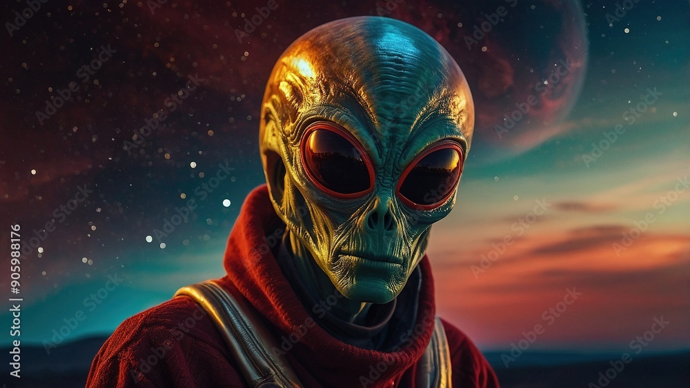 Alien Stands With a Star System in the Background Alien Stands With a Star System in the Background