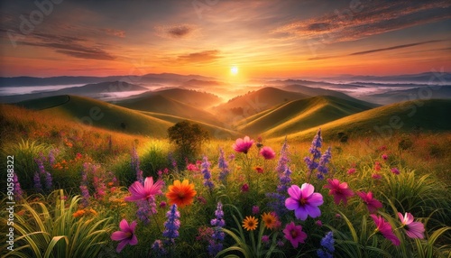 Stunning Sunrise Over Rolling Hills with Vibrant Wildflowers - Golden Hour Landscape Photography.