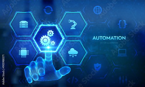 Automation Software. IOT and Automation concept as an innovation, improving productivity in technology and business processes. Wireframe hand touching digital interface. Vector illustration.