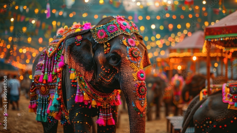 Obraz premium Beautifully decorated elephant in vibrant festival attire, amidst colorful lanterns and festive decorations during a night celebration.