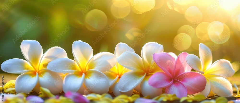 Close-up of beautiful plumeria flowers in vibrant colors and sunlight, creating a serene and relaxing atmosphere. Perfect for nature themes.