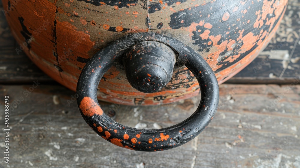 Close-up of a weathered, antique pot handle with chipped paint, showcasing rustic charm and vintage appeal on a wooden surface.
