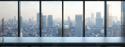 Minimal office in the morning, looking at the city in a blur