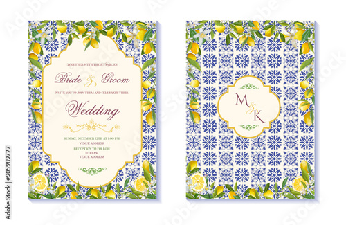 Italian Wedding Invitation with Lemons and Ceramic Tiles, Amalfi Coast Inspired Wedding Invitation Template, Mediterranean Italy Style