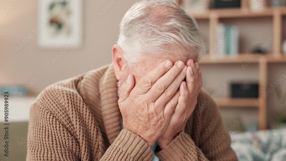 Senior man, stress and hands on face in home with grief or sad and worried with loss. Male person, sofa and emotional or cry with depression for health problems, condition and diagnosis as pensioner Senior man, stress and hands on face in home with grief or sad and worried with loss. Male person, sofa and emotional or cry with depression for health problems, condition and diagnosis as pensioner