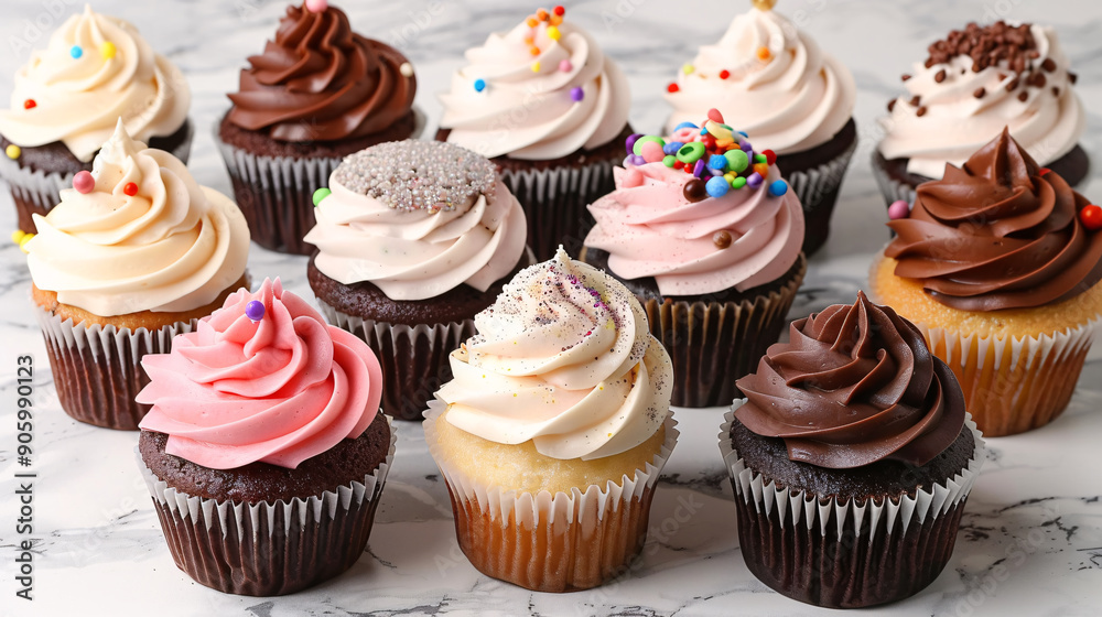 Variety of cupcakes with different frostings