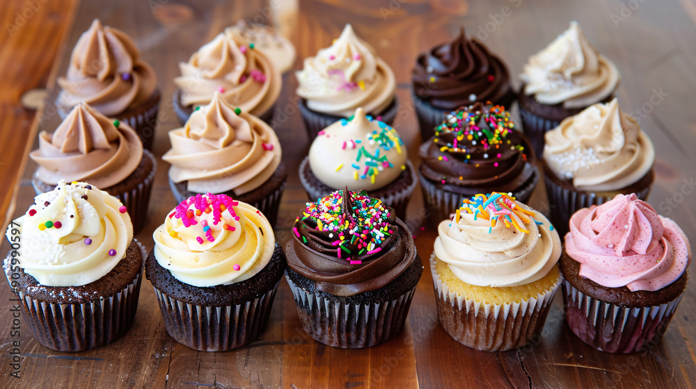 Variety of cupcakes with sprinkles Variety of cupcakes with sprinkles