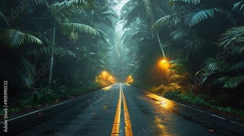 road through a dense jungle with exotic wildlife photo