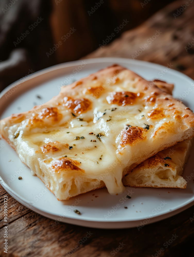 Freshly Baked Focaccia di Recco on a plate with golden brown crust and melted cheese Freshly Baked Focaccia di Recco on a plate with golden brown crust and melted cheese