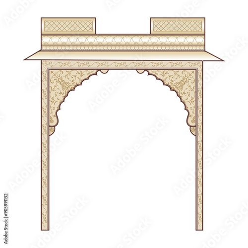Mughal architecture element. Mughal architecture miniature Painting Manually Illustrated Mughal Building Painting artwork.