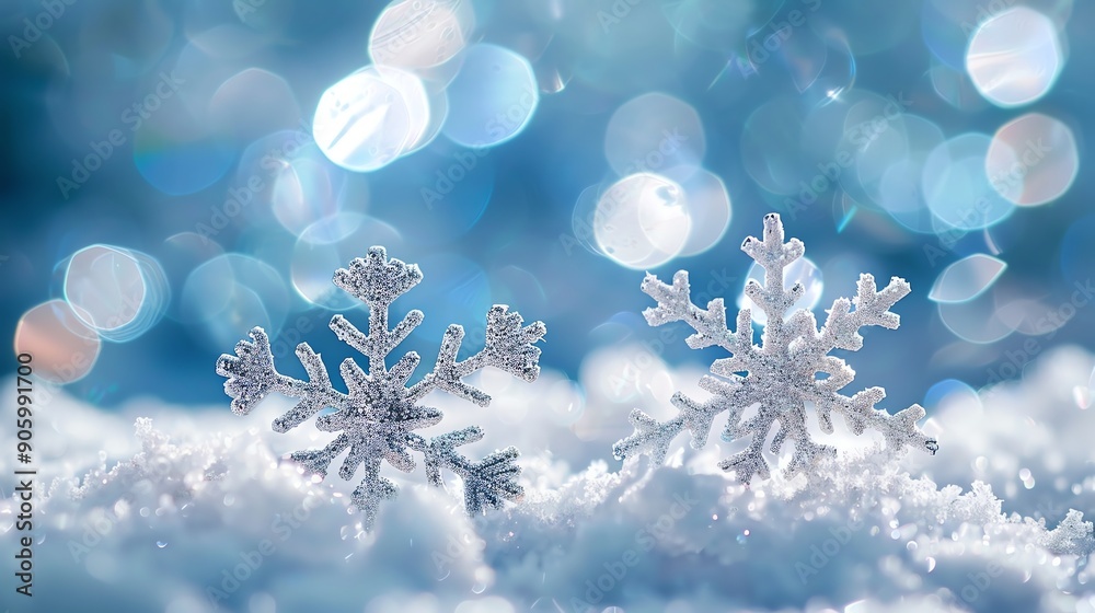 Two glittery snowflakes on snow, soft blue bokeh background, winter and festive, closeup Two glittery snowflakes on snow, soft blue bokeh background, winter and festive, closeup