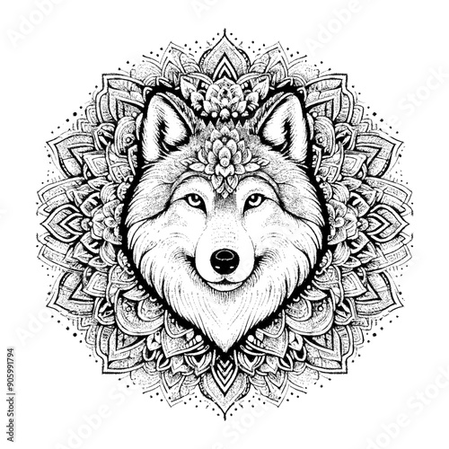 a wolf and mandala pattern design