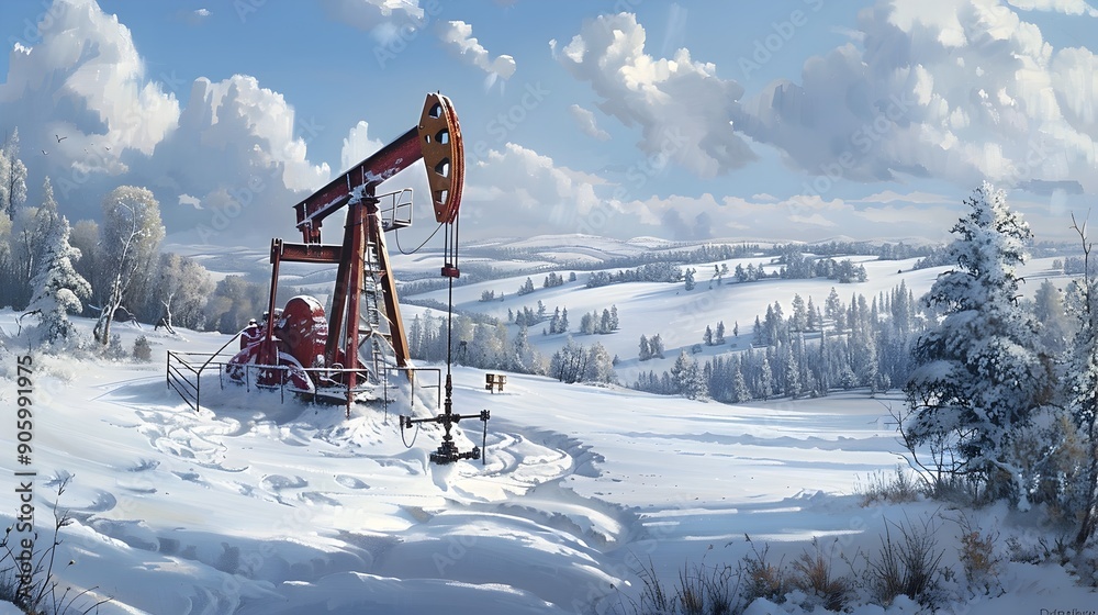 Snowy Oil Well Operating in Wintry Landscape Snowy Oil Well Operating in Wintry Landscape