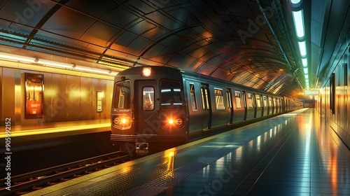 Subway Train Arriving at Underground Station with Passengers