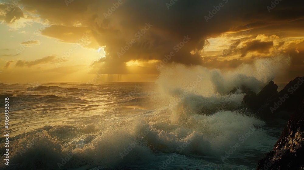 Fototapeta premium Waves Crashing at Sunset with Dramatic Sky