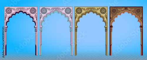 Traditional Indian Mughal architecture elements. Can be used in wedding cards, greetings, and invitations. Vector illustration