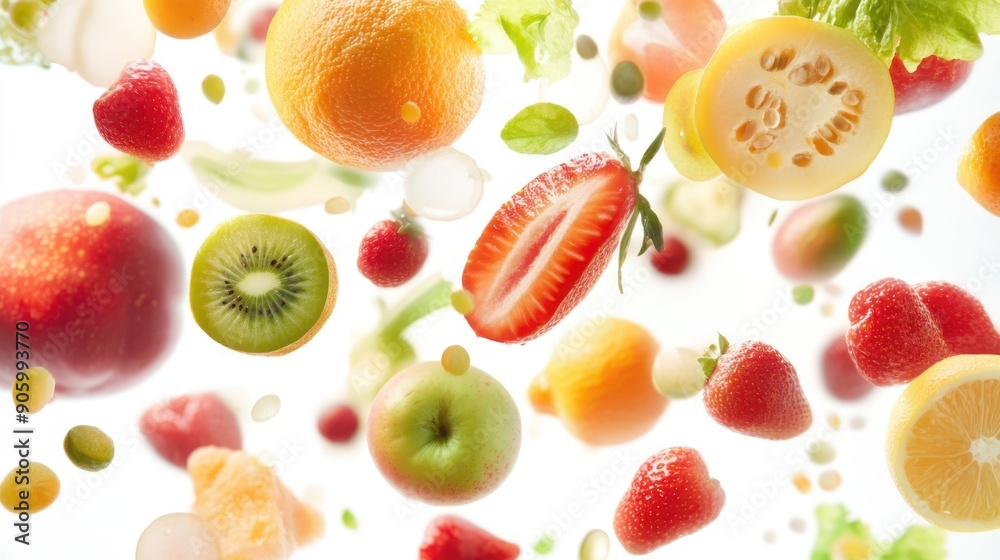 Various vegetables and fruits isolated on white background, top view, flat layout. Concept of healthy eating, food background. Various vegetables and fruits isolated on white background, top view, flat layout. Concept of healthy eating, food background.