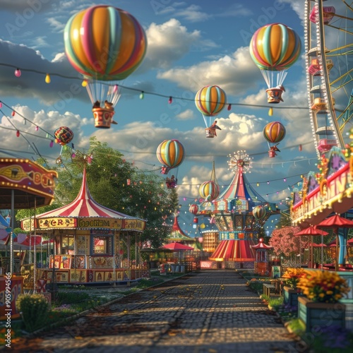 3D country fair with carnival games and bright, festive balloons