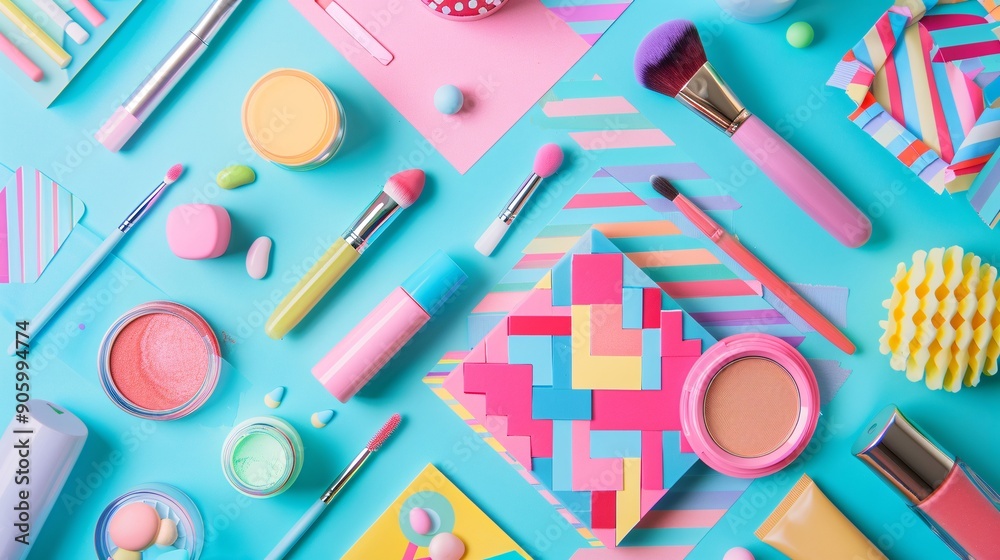 Ultra-clear flat lay of makeup items arranged in a creative pattern, bright and vibrant Ultra-clear flat lay of makeup items arranged in a creative pattern, bright and vibrant