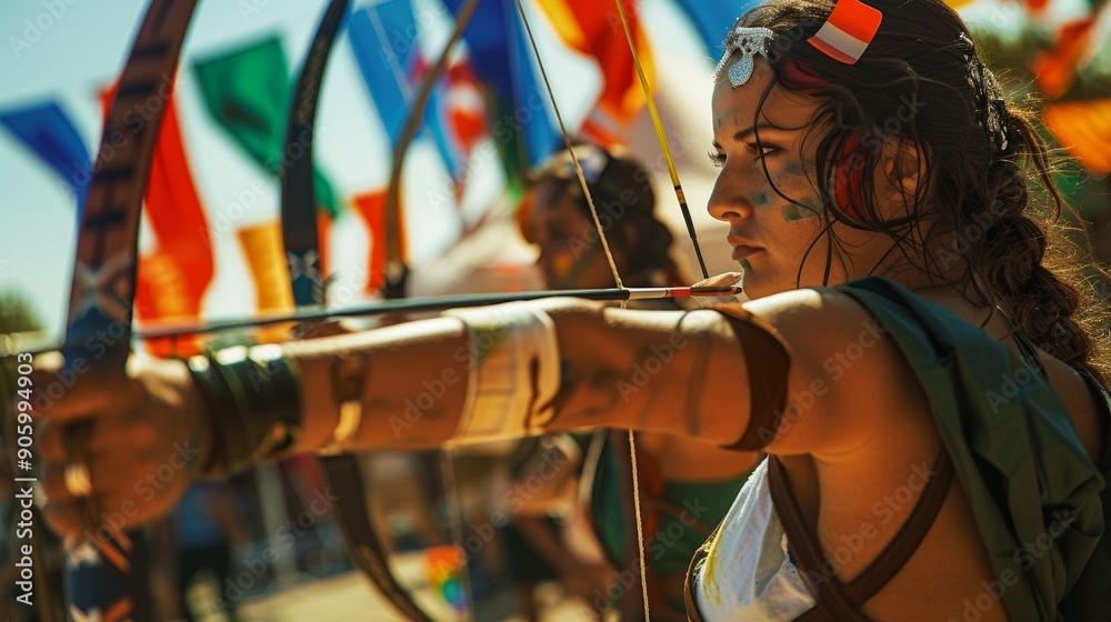 Italian Mixed Archery Team in Action at Vibrant Outdoor Arena Italian Mixed Archery Team in Action at Vibrant Outdoor Arena
