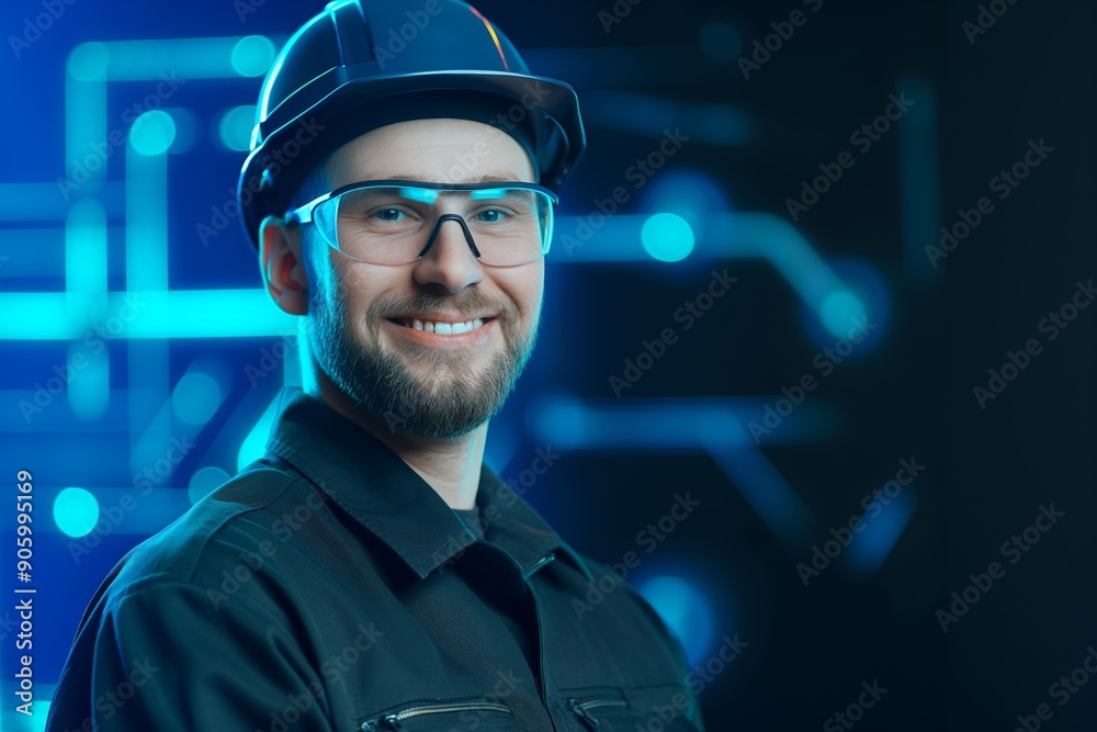 Happy Male Engineer in Uniform with Neon Cyber High-Tech Design - Digital Art Portrait Happy Male Engineer in Uniform with Neon Cyber High-Tech Design - Digital Art Portrait