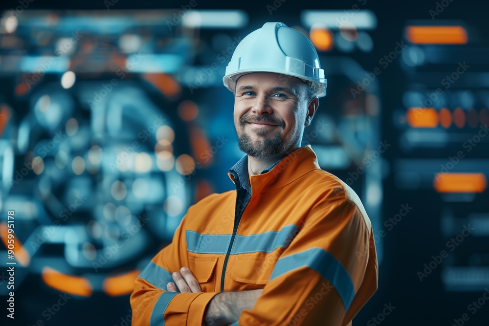 Confident Male Industrial Engineer with White Hard Hat and Orange Uniform in Control Room