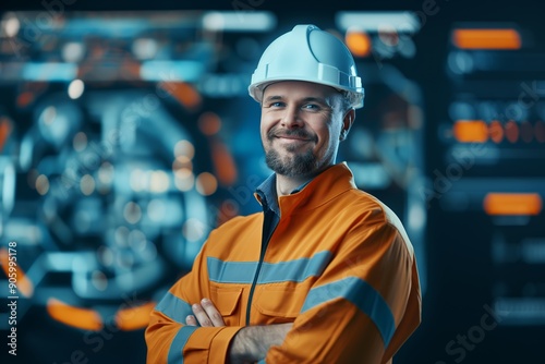 Confident Male Industrial Engineer with White Hard Hat and Orange Uniform in Control Room