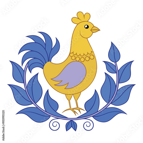 A Yellow Rooster with a Blue Tail and Leaves