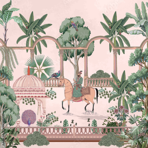 Traditional Mughal garden, tropical tree, arch, temple, peacock, horse, emperor, and bird for wallpaper