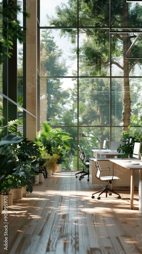 Contemporary Open-Office Ambiance with Desks, Computers, and Large Windows Overlooking Nature, Enhanced by Green Plants in Pots Spreading Serenity. © liang