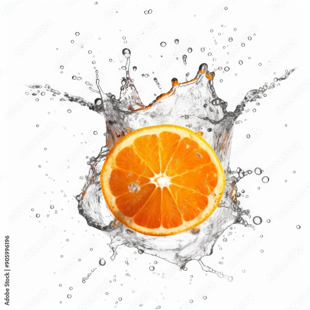 Orange slice exploding with water droplets in a white background
