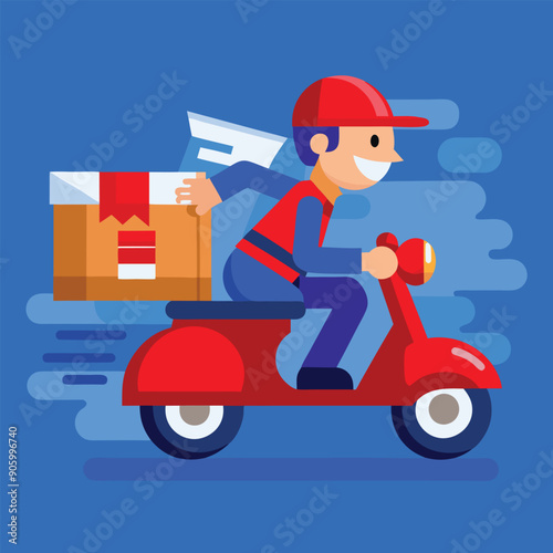 Delivery Courier Riding Scooter with Packages – Online Shopping & Logistics Illustration