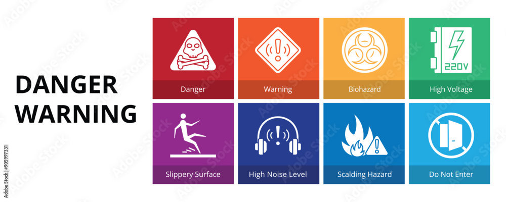 Danger Warning Glyph Solid Banner Web Icon Set Vector Illustration, Danger Warning Slippery Surface High Voltage Biohazard Do Not Enter Scalding Hazard High Noise Level Danger Warning Glyph Solid Banner Web Icon Set Vector Illustration, Danger Warning Slippery Surface High Voltage Biohazard Do Not Enter Scalding Hazard High Noise Level