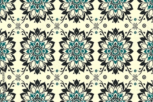 Ornate black and teal floral damask seamless pattern on cream background