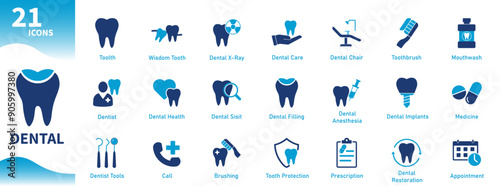 Dental Icons. Set of flat icons on oral health, dentist, brushing teeth, medical, mouthwash, wisdom teeth, dental fillings. Solid vector icon