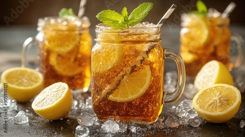 Refreshing Iced Tea with Lemon and Mint in Mason Jar