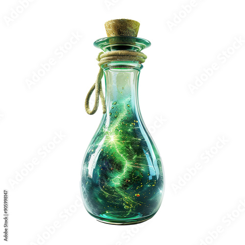 Glass Bottle Filled with Sparkling Green Liquid and Gold Dust
