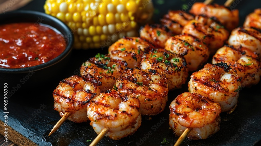 Delicious Grilled Shrimp Skewers with Corn on the Cob and Tangy Dipping Sauce Delicious Grilled Shrimp Skewers with Corn on the Cob and Tangy Dipping Sauce