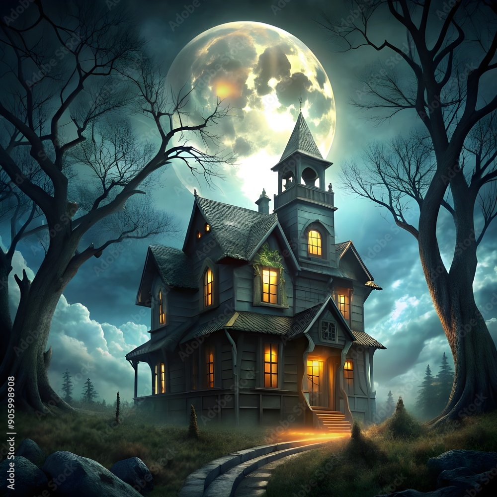 Fototapeta premium Spooky Haunted House post Background 