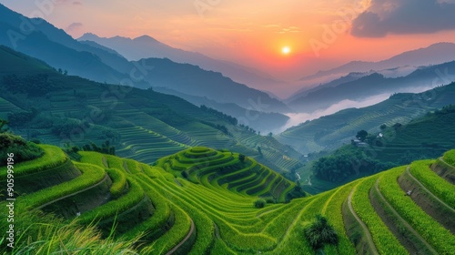 Vibrant sunset over a terraced mountain landscape