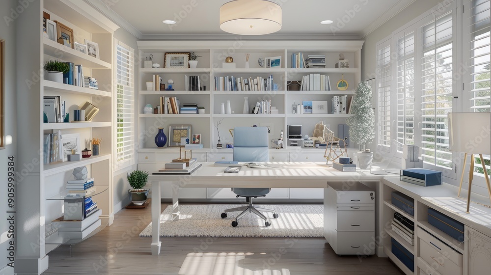 A bright and airy suburban home office with a large desk, ergonomic chair, and shelves filled with books and decorative items. A bright and airy suburban home office with a large desk, ergonomic chair, and shelves filled with books and decorative items.