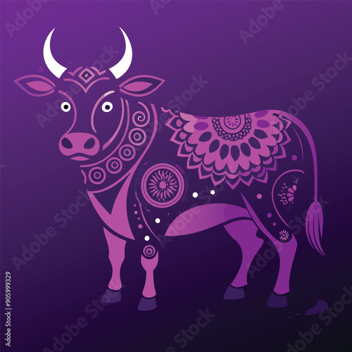 Ornamental Purple Cow with Mandala Design