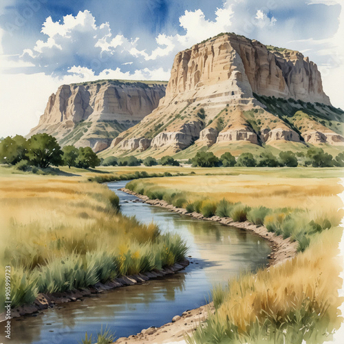 Watercolor illustration of the Scotts Bluff National Monument in Nebraska. Capture the impressive geological formations of Scotts Bluff with its towering cliffs and expansive views of the surrounding